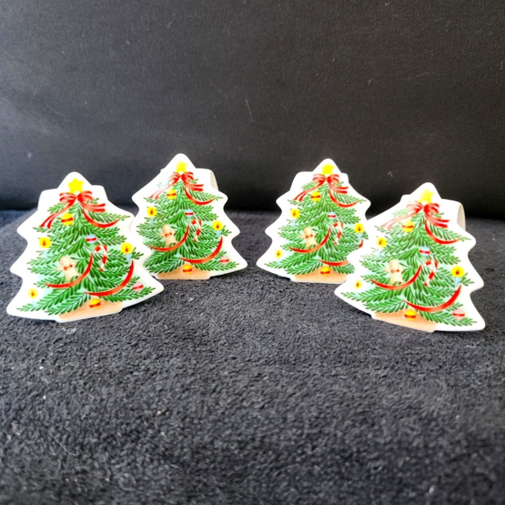 ABBOTT Ceramic Christmas Tree Napkin Rings Set x 4 Holiday Dinner Japan Vintage